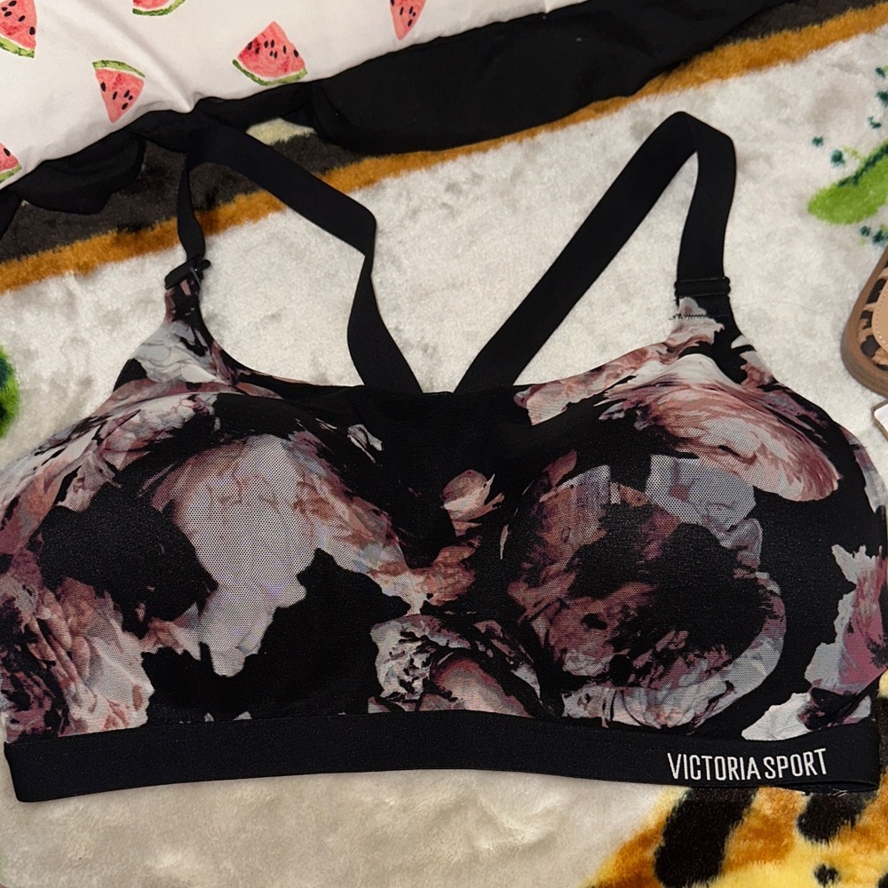 Victoria's Secret Black and Pink Floral Sports Bra
